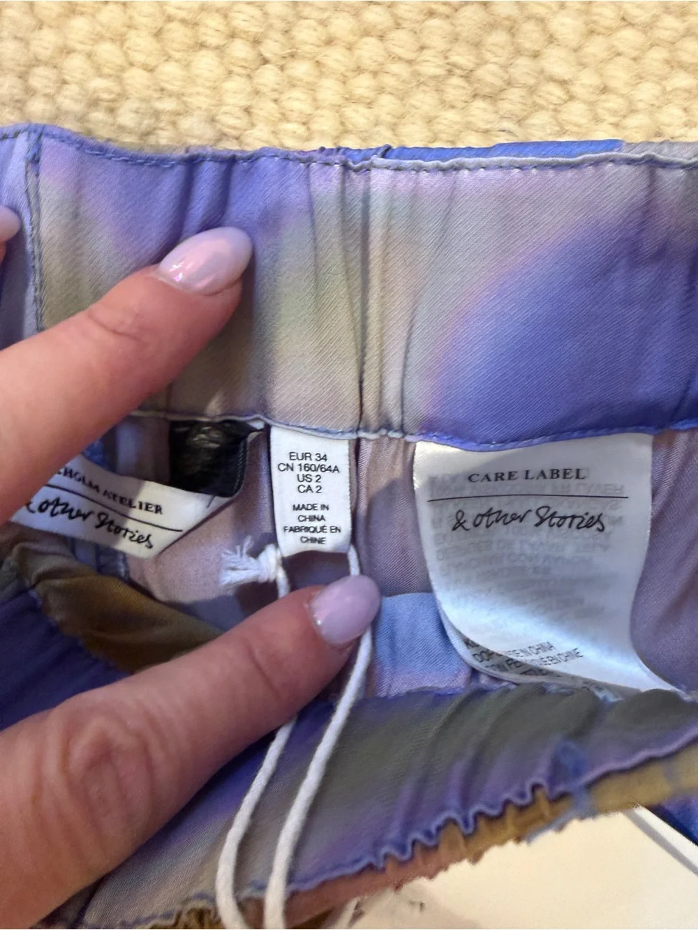 & Other Stories Lavender and Tan satin Abstract Elastic-Waist Pants - Picture 5 of 6